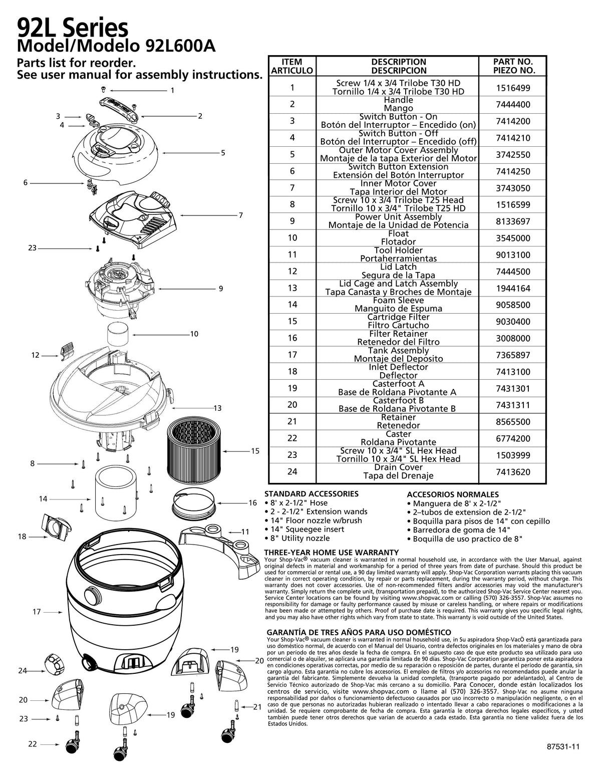 Shop-Vac Parts List for 92P600CM Models (Shop-Vac 16 Gallon* 6.0 Peak