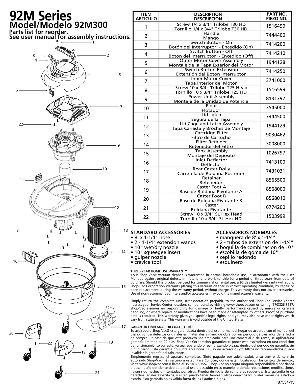 Shop-Vac Parts List for 92P600CM Models (Shop-Vac 16 Gallon* 6.0 Peak