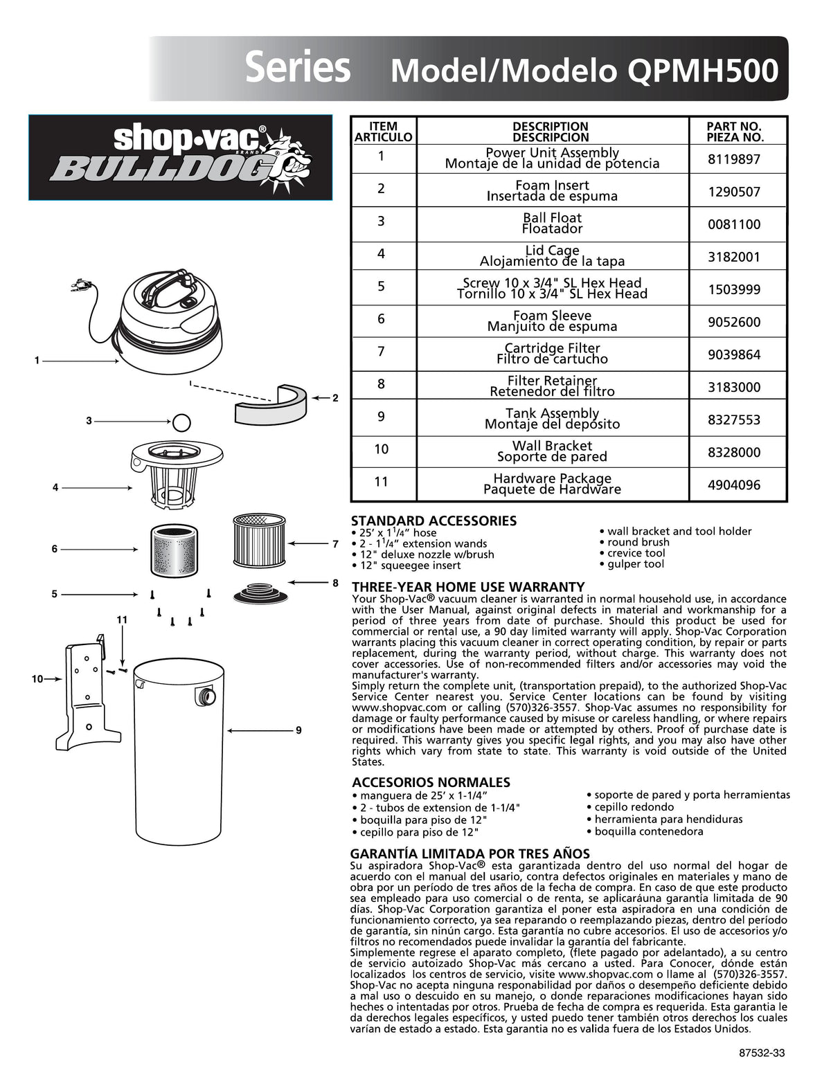Shop-Vac Parts List for QPMH500 Models (5 Gallon* Red / Black