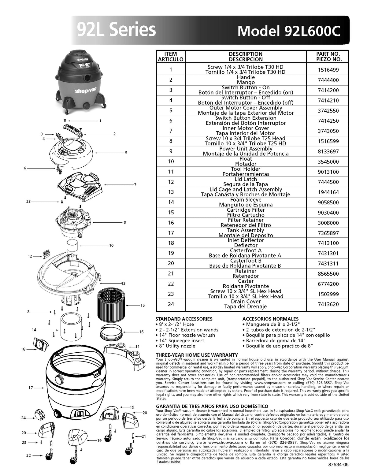 Shop-Vac Parts List for 92L600C Models (16 Gallon* Red / Black Vac