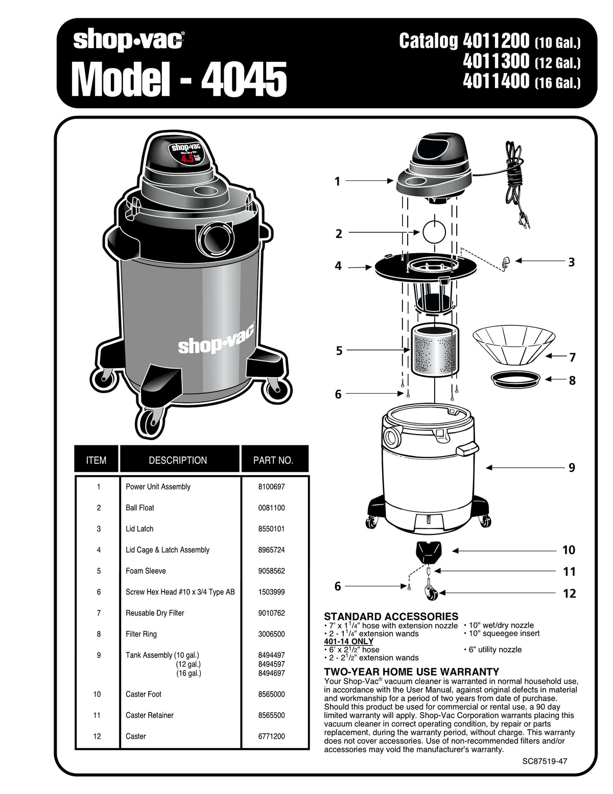 Shop Vac Parts List For 4045 Models 10 Gallon Red Black Vac Shop Vac Store 0970