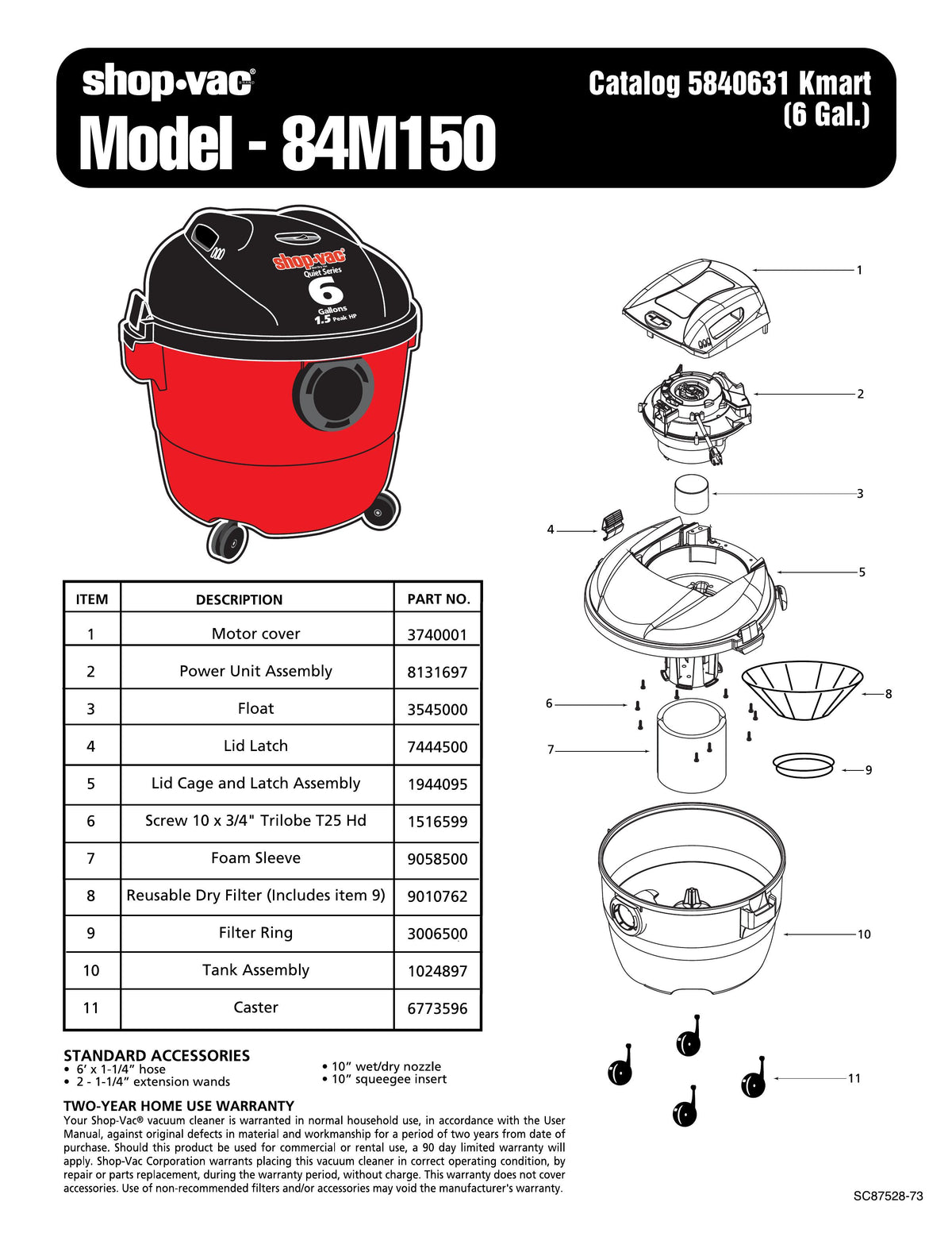 Shop Vac Parts List For 84m150 Models 6 Gallon Red Black Vac Shop Vac Store 3039