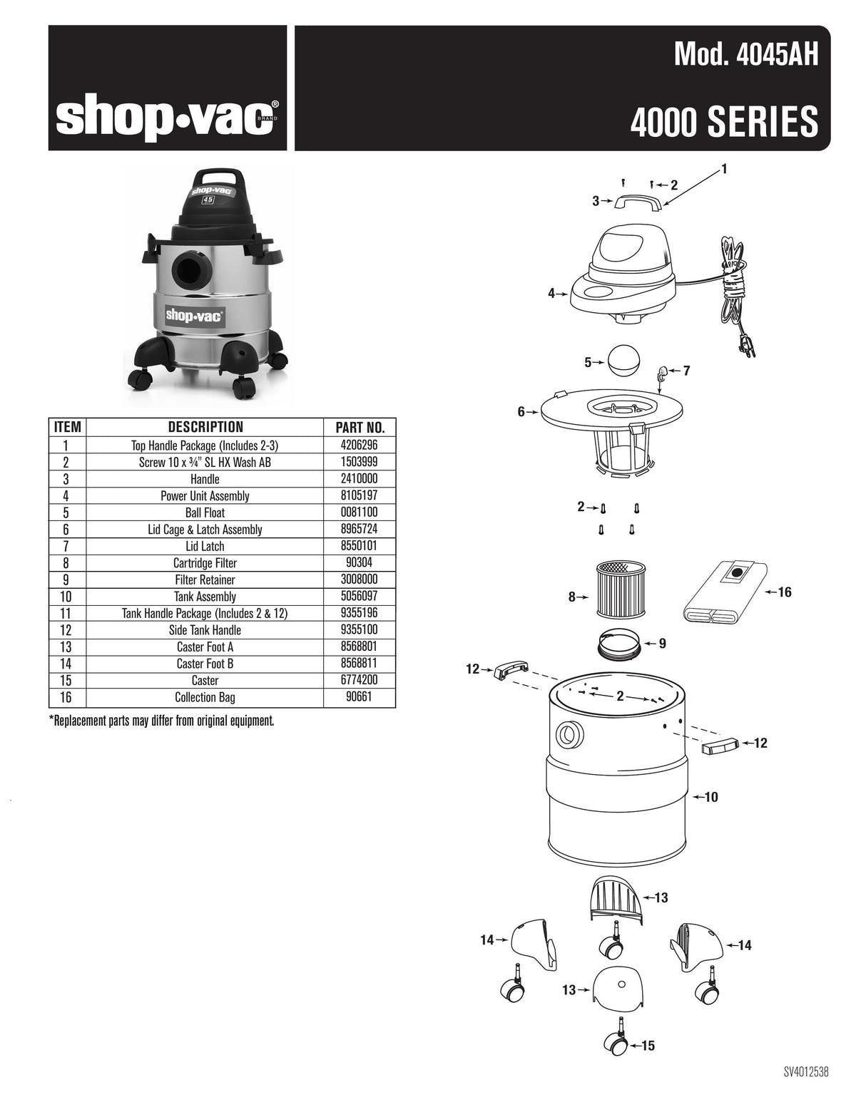 Shop-Vac Parts List For 4045AH Models (5 Gallon* Vac With Collection B ...