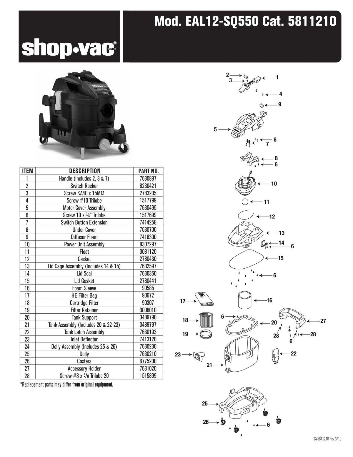 shop vac 12 gallon 5 hp parts