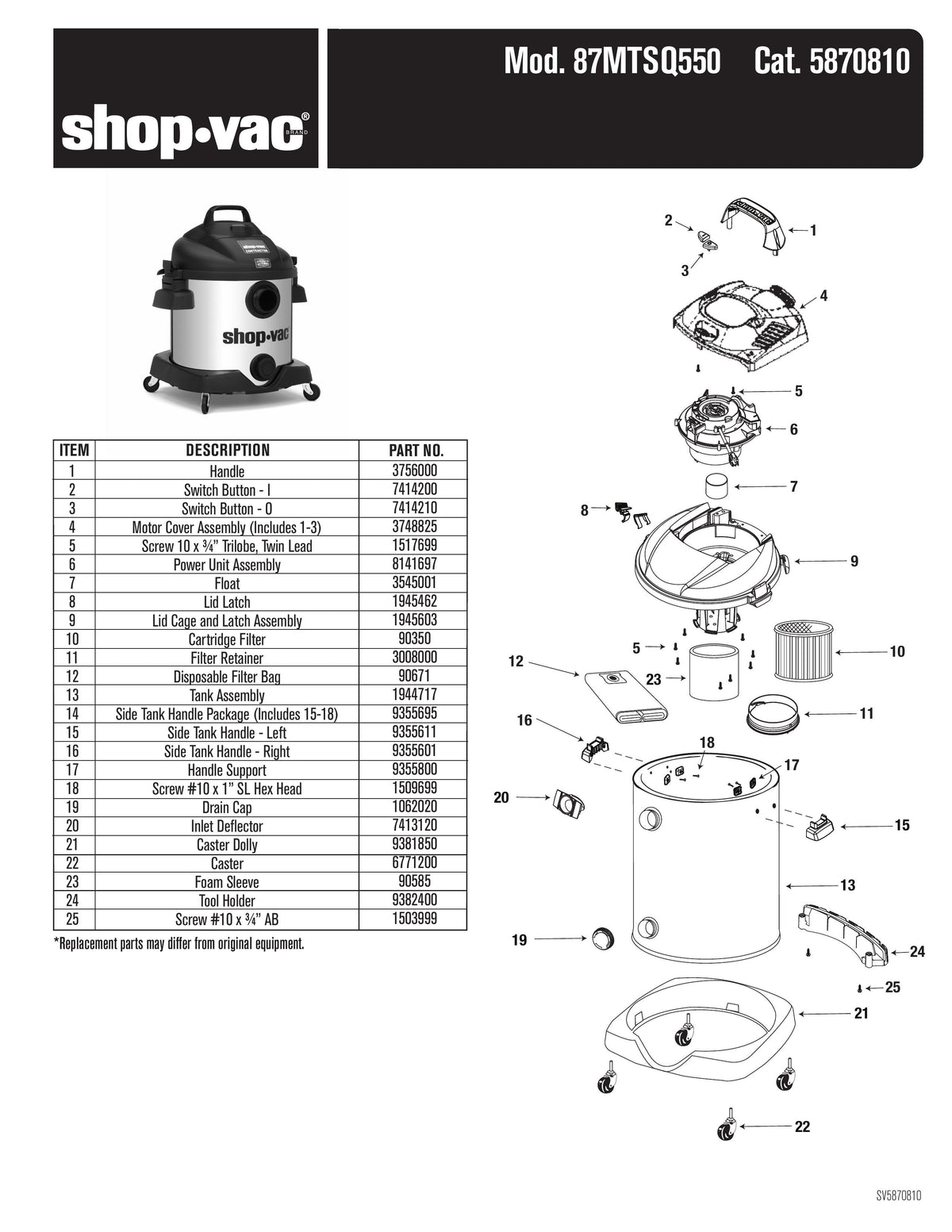 Shop-Vac Parts List For 86MTSQ550 Models (Shop-Vac 8 Gallon* 5.5 Peak ...