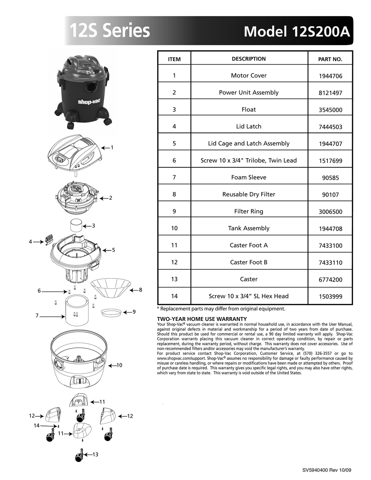 Shop Vac Parts List For 12s200a Models 5 Gallon Black Red Vac Shop Vac Store 7671