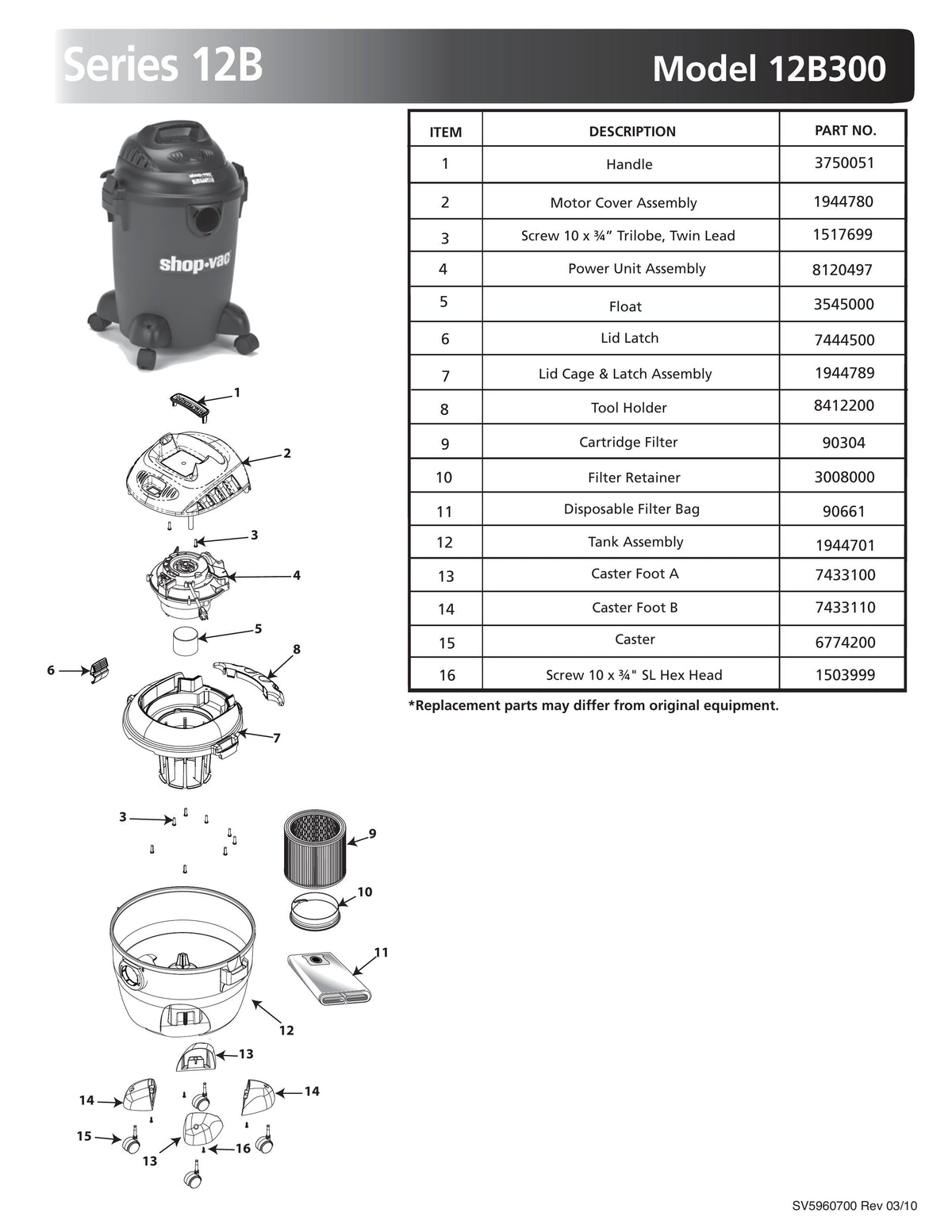 Shop Vac Parts List For 12b300 Models 6 Gallon Black Vac Shop Vac Store