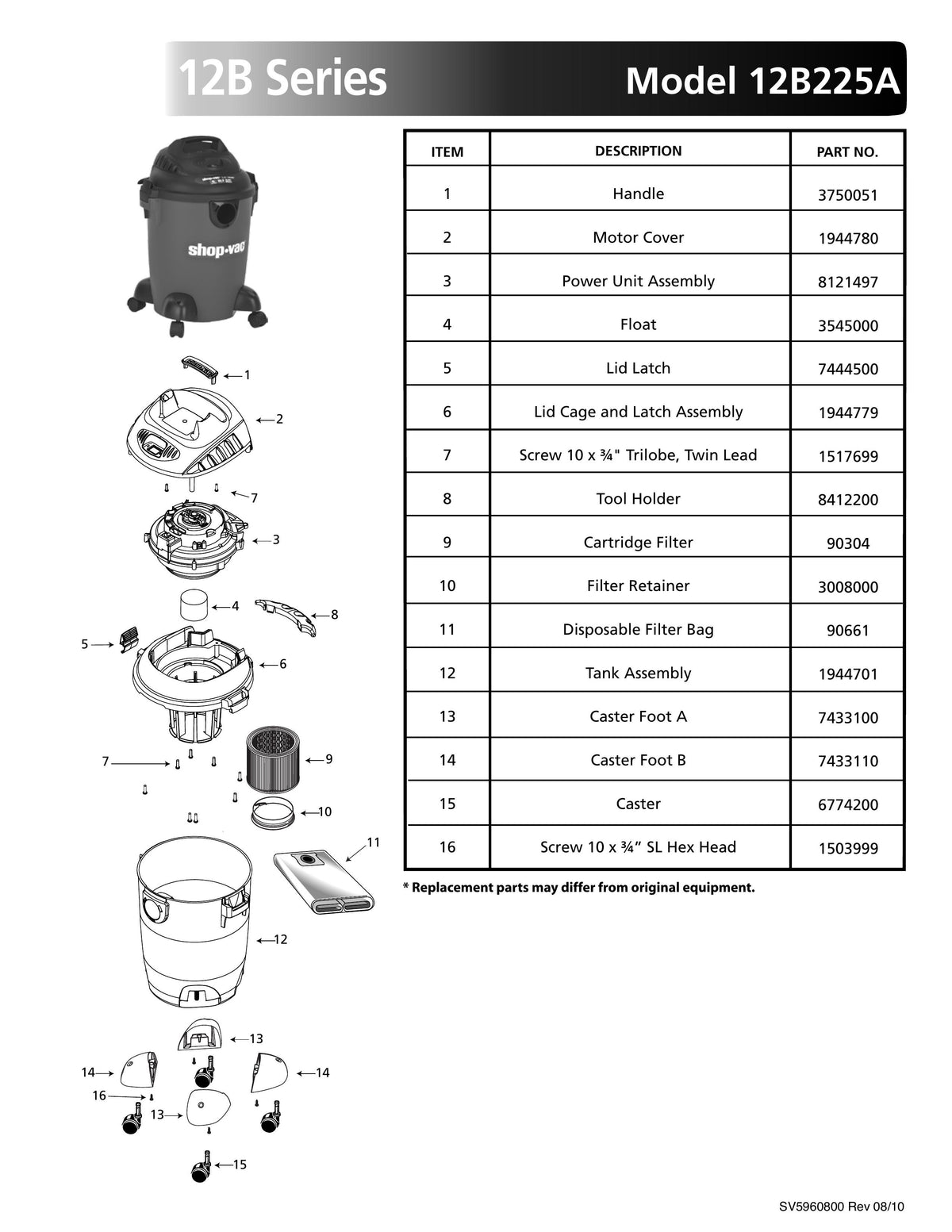 Shop Vac Parts List For 12b225a Models 6 Gallon Red Black Vac Shop Vac Store