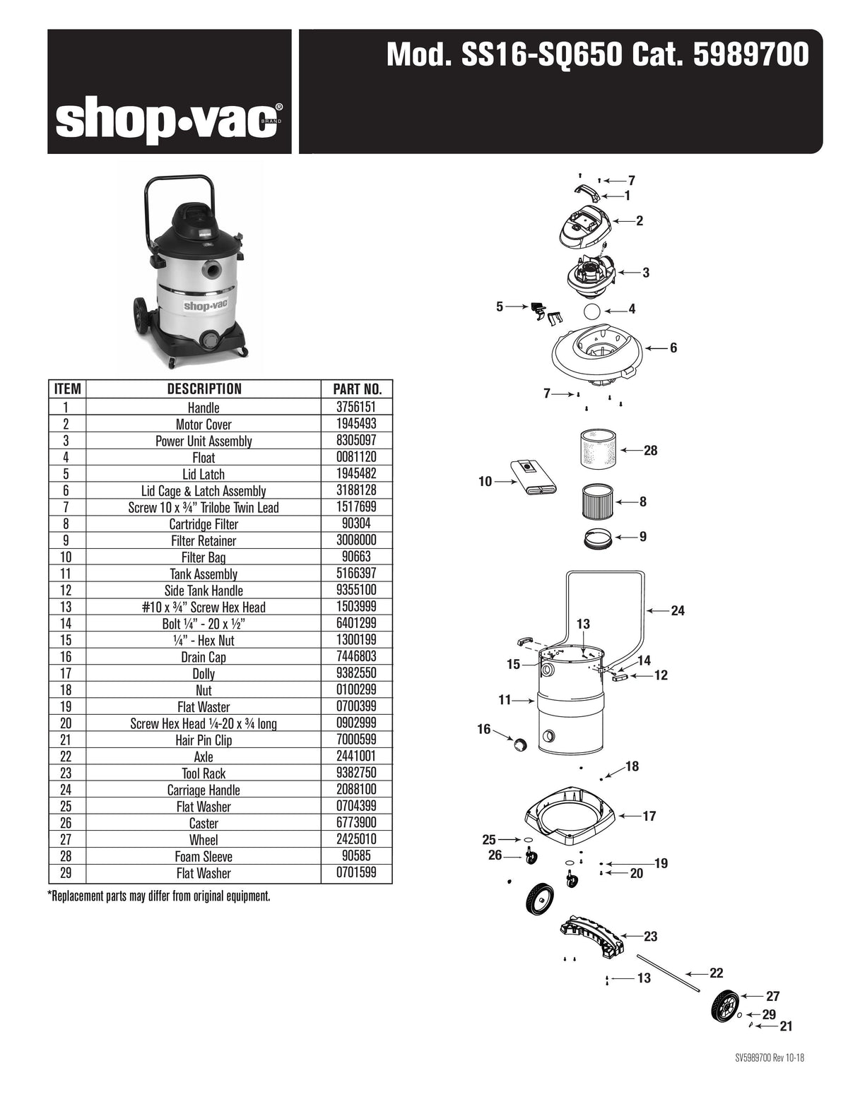 Shop Vac Parts List For Ss16 Sq650 Models 16 Gallon Svx2 Stainless S Shop Vac Store 2326