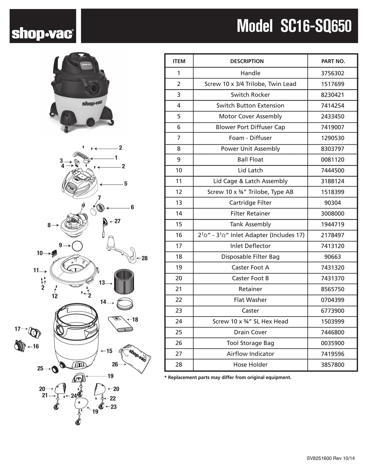 shop vac model sc16 sq650