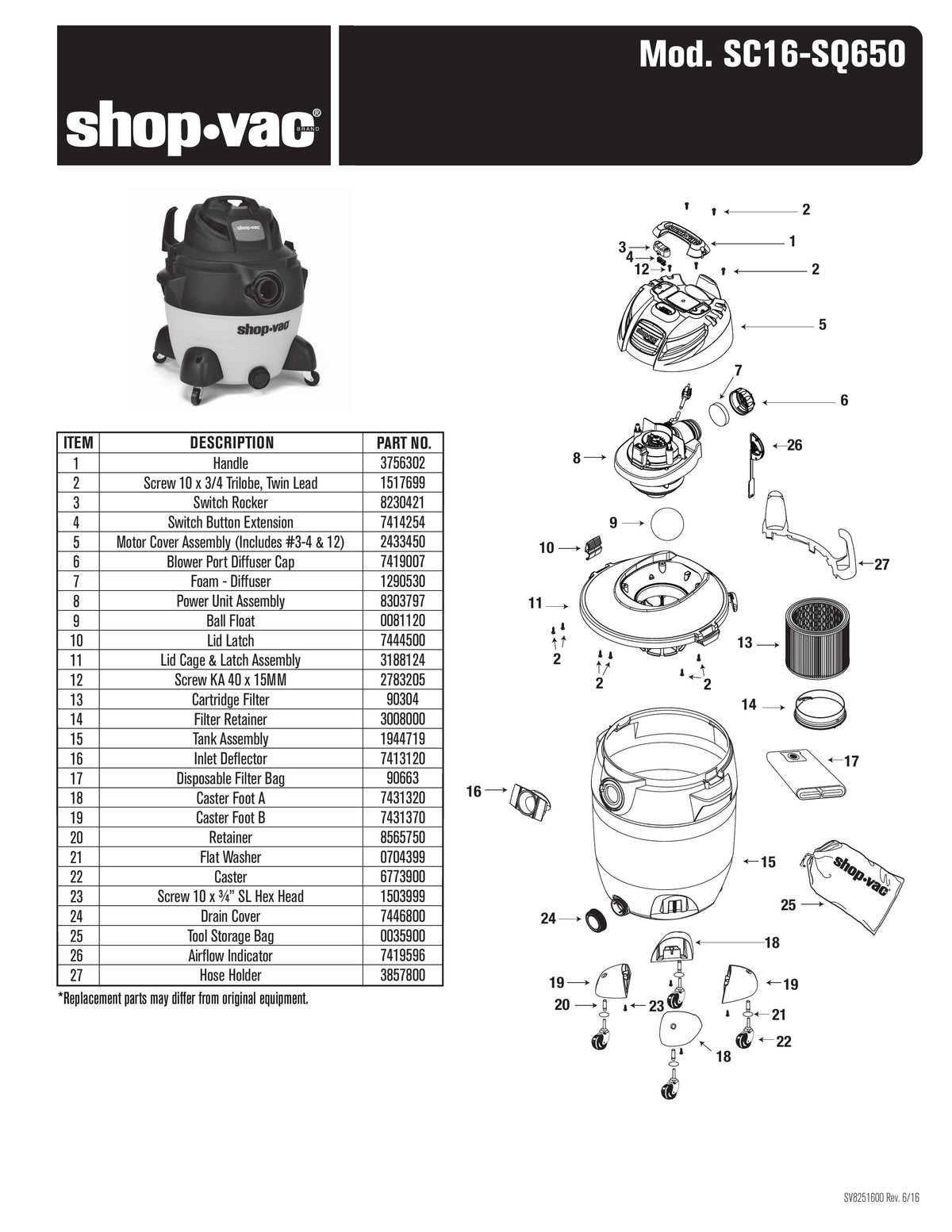 shop vac model sc16 sq650