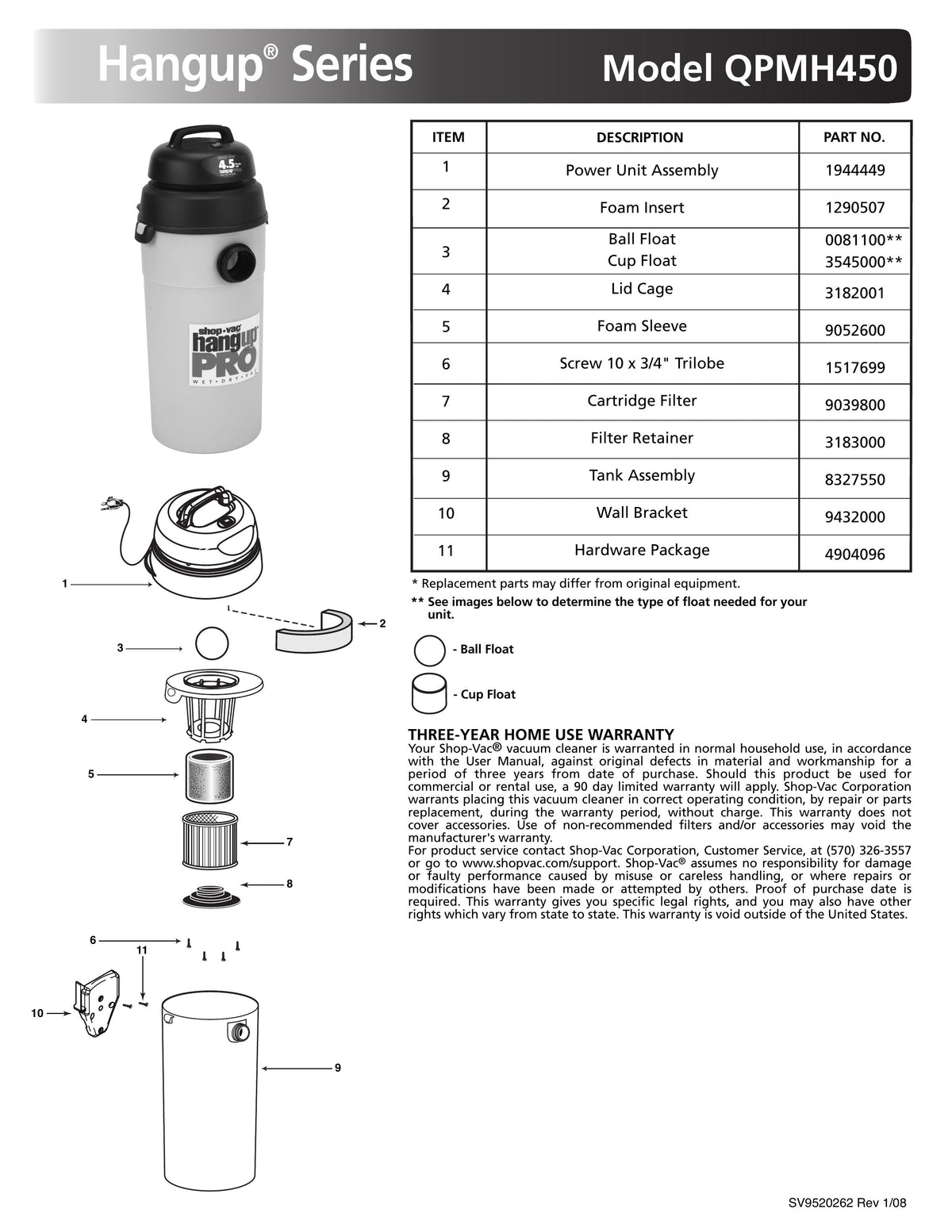 Shop-Vac Parts List for KA450 Models (2.5 Gallon* Purple / Gray AllAro