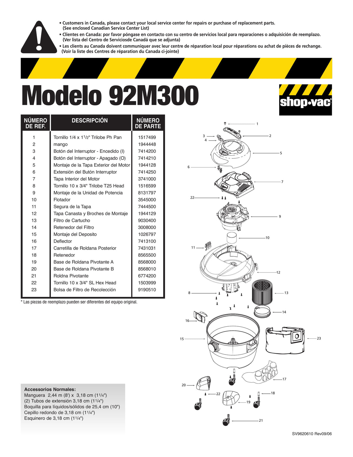 Shop-Vac Parts List for 92P600CM Models (Shop-Vac 16 Gallon* 6.0 Peak