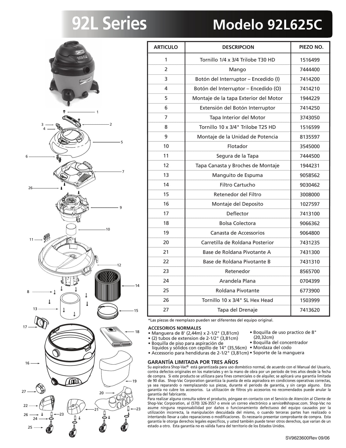 Shop-Vac Parts List For 92L625C Models (16 Gallon* Red / Black Vac ...