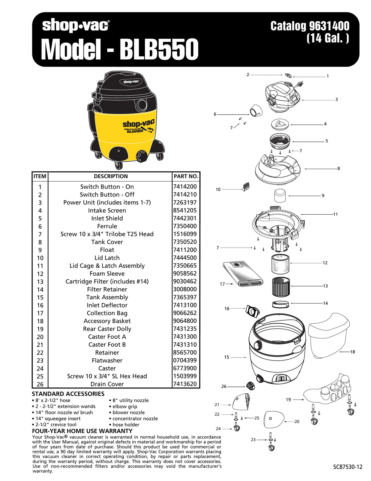 Shop-Vac Parts List for BLB550 Models (14 Gallon* Yellow / Black Blowe