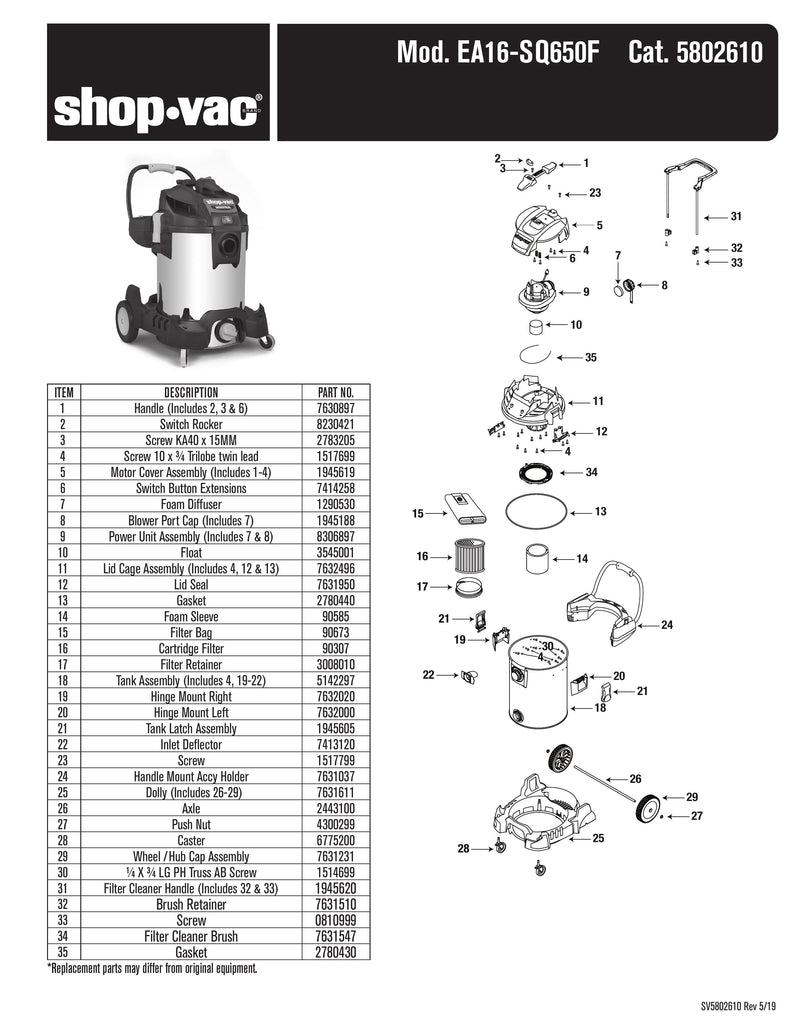 Shop-Vac Parts List for 92P600CM Models (Shop-Vac 16 Gallon* 6.0