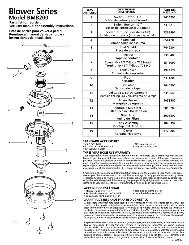 Shop-Vac Parts List for 2010A Models (1X1® Vac)