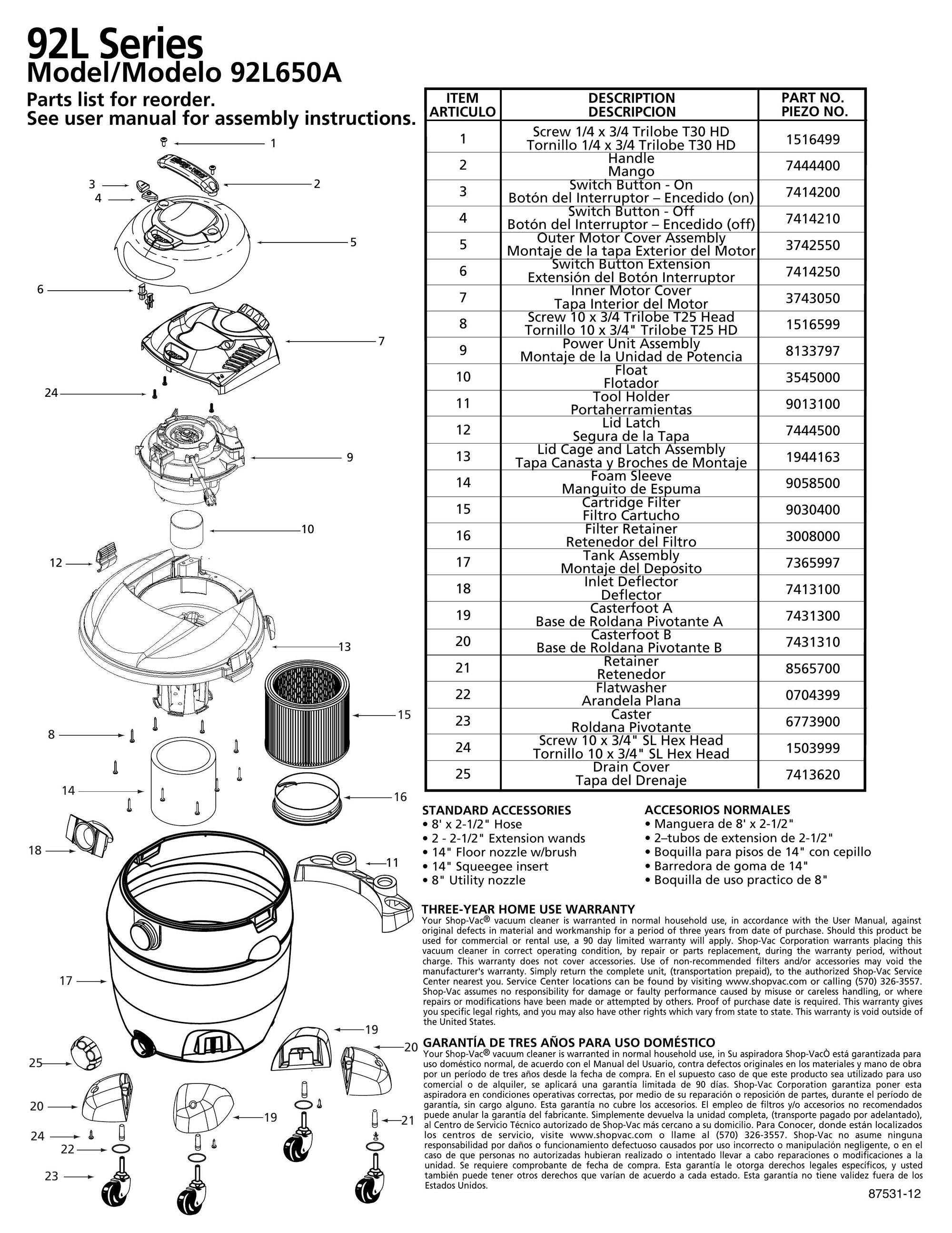 Shop-Vac Parts List for 92L650A Models (20 Gallon* Vac) | Shop-Vac Store