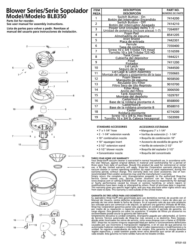 Shop-Vac Parts List for BLB350 Models (10 Gallon* Green / Black Blower Vac without Tank Drain)