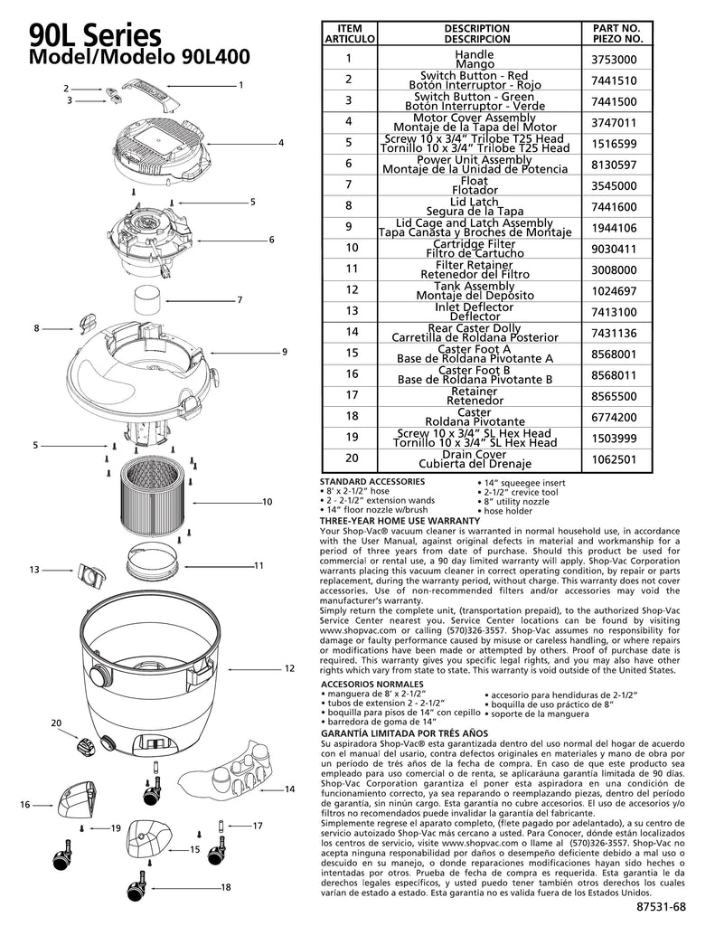 Shop-Vac Parts List for 90L400 Models (10 Gallon* Blue / Gray Vac w/ Rear dolly and Two Front Caster Feet)