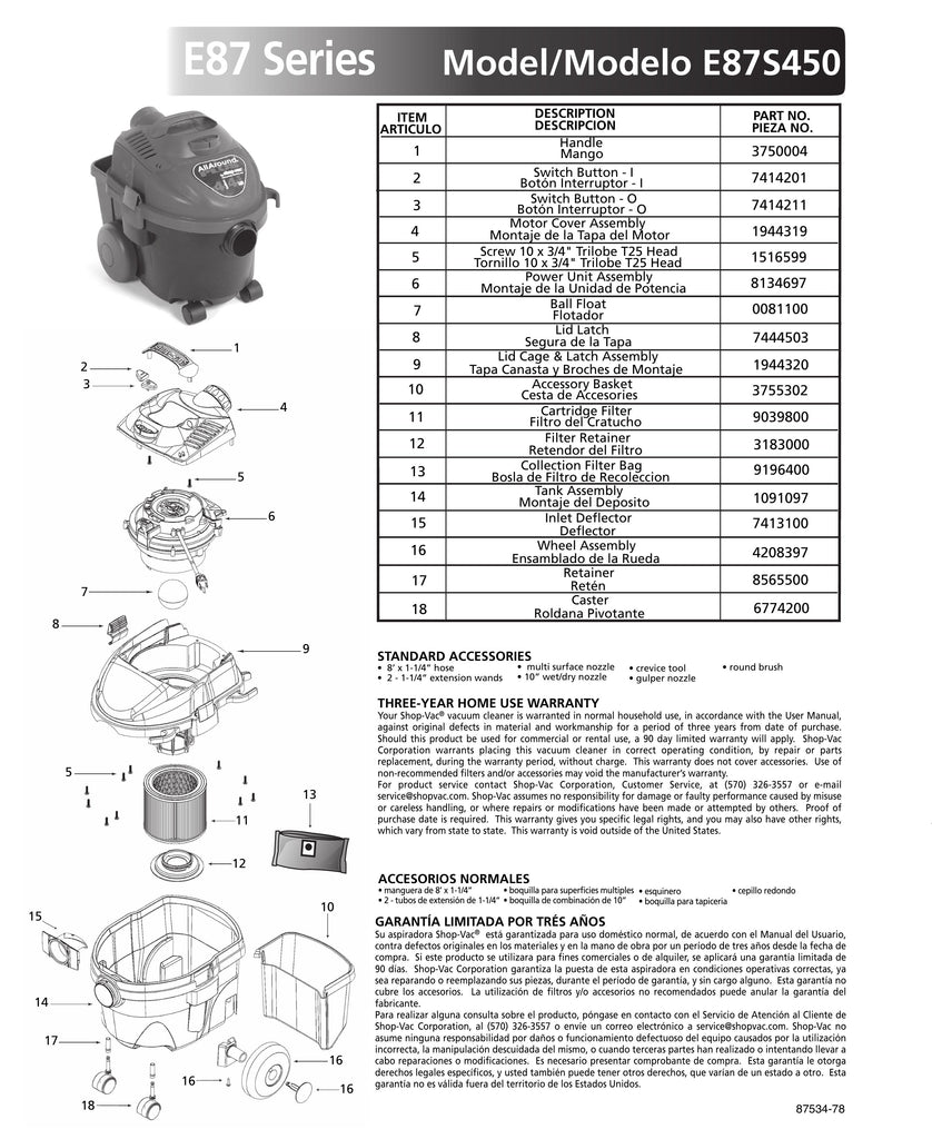 Shop-Vac Parts List for E87S450 Models (4 Gallon* Black / Red AllAround Plus® Vac)