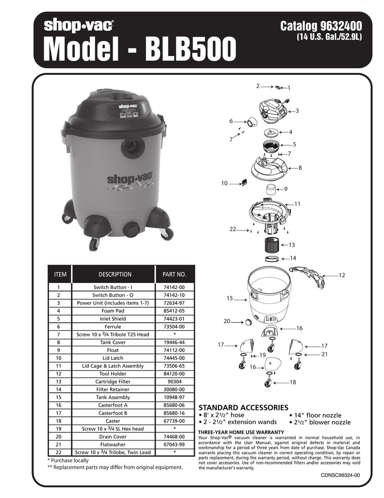 Shop-Vac Parts List for BLB500 Models (14 Gallon* Orange / Black Blower Vac)