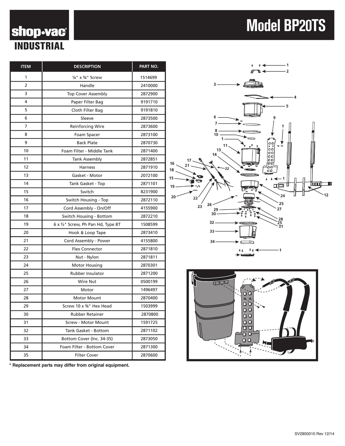 Shop-Vac Parts List for BP20TS Models (Two-Stage Backpack Vac) | Shop ...