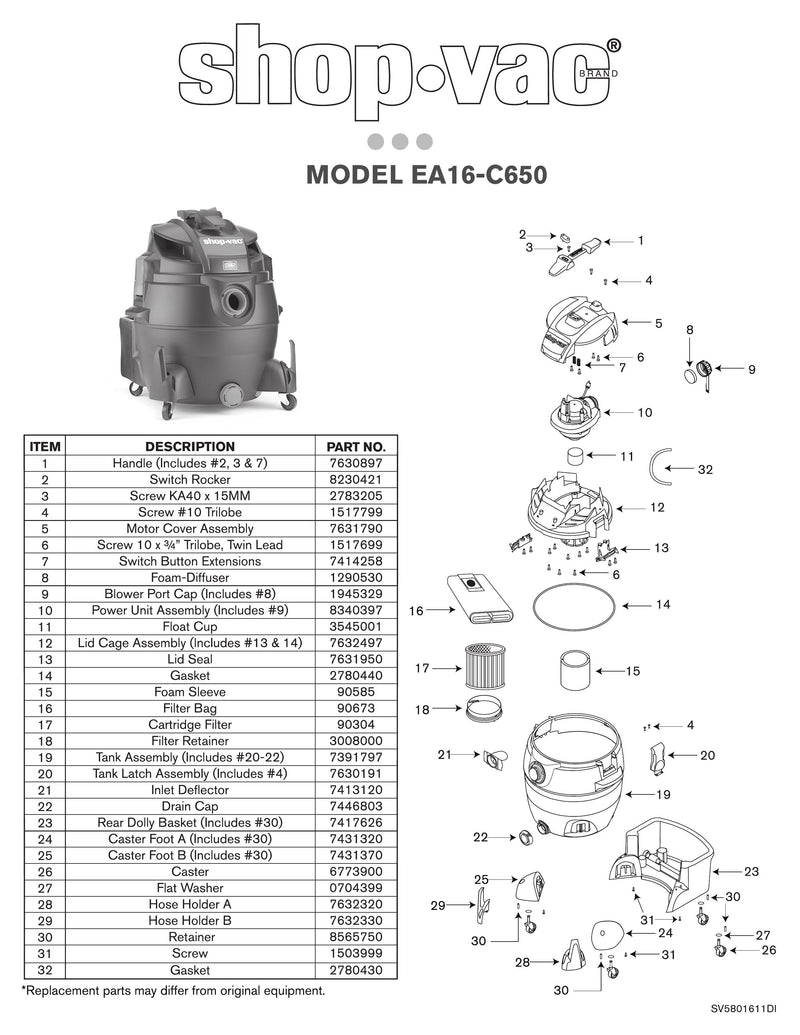 Shop-Vac Parts List for 92P600CM Models (Shop-Vac 16 Gallon* 6.0 Peak