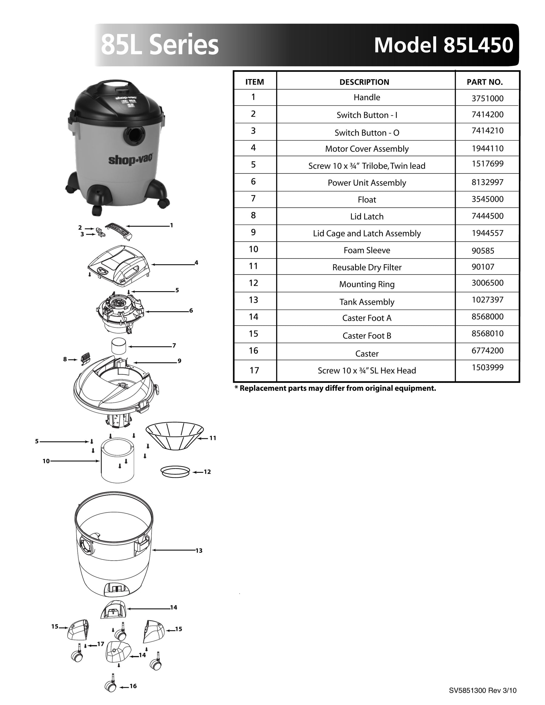 ShopVac Parts List for 85L450 Models (12 Gallon* Orange / Black Vac