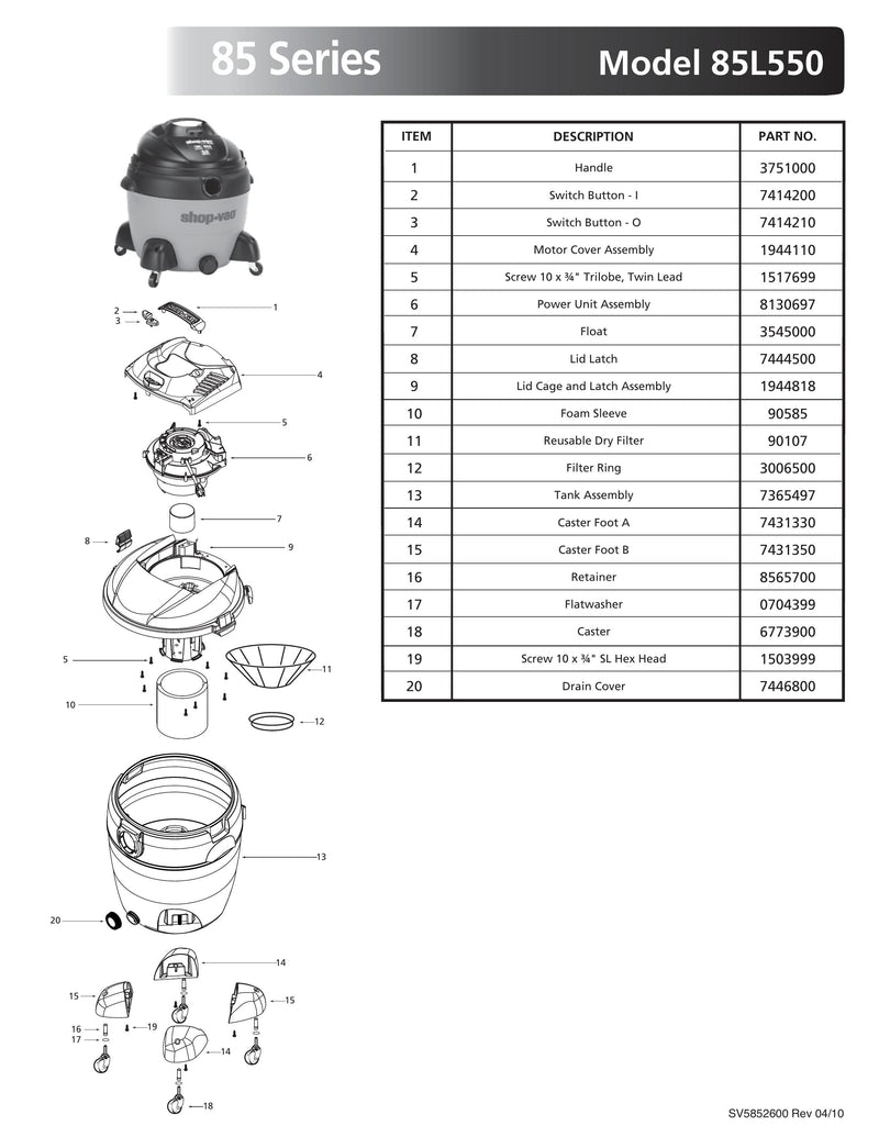 Shop-Vac Parts List for 92P600CM Models (Shop-Vac 16 Gallon* 6.0