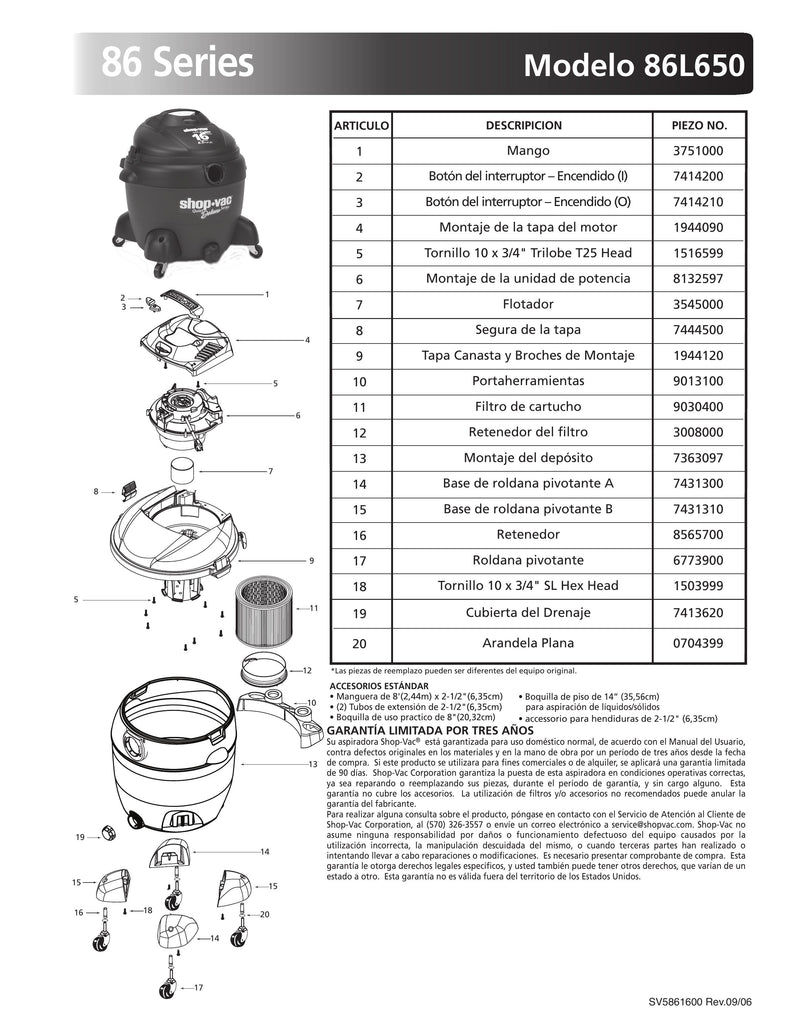 Shop-Vac Parts List for 86L650 Models (16 Gallon* Vac)