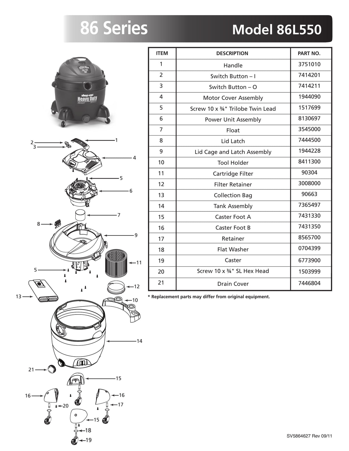 Shop-Vac Parts List for 86L550 Models (16 Gallon* Black / Red Vac w/ F ...