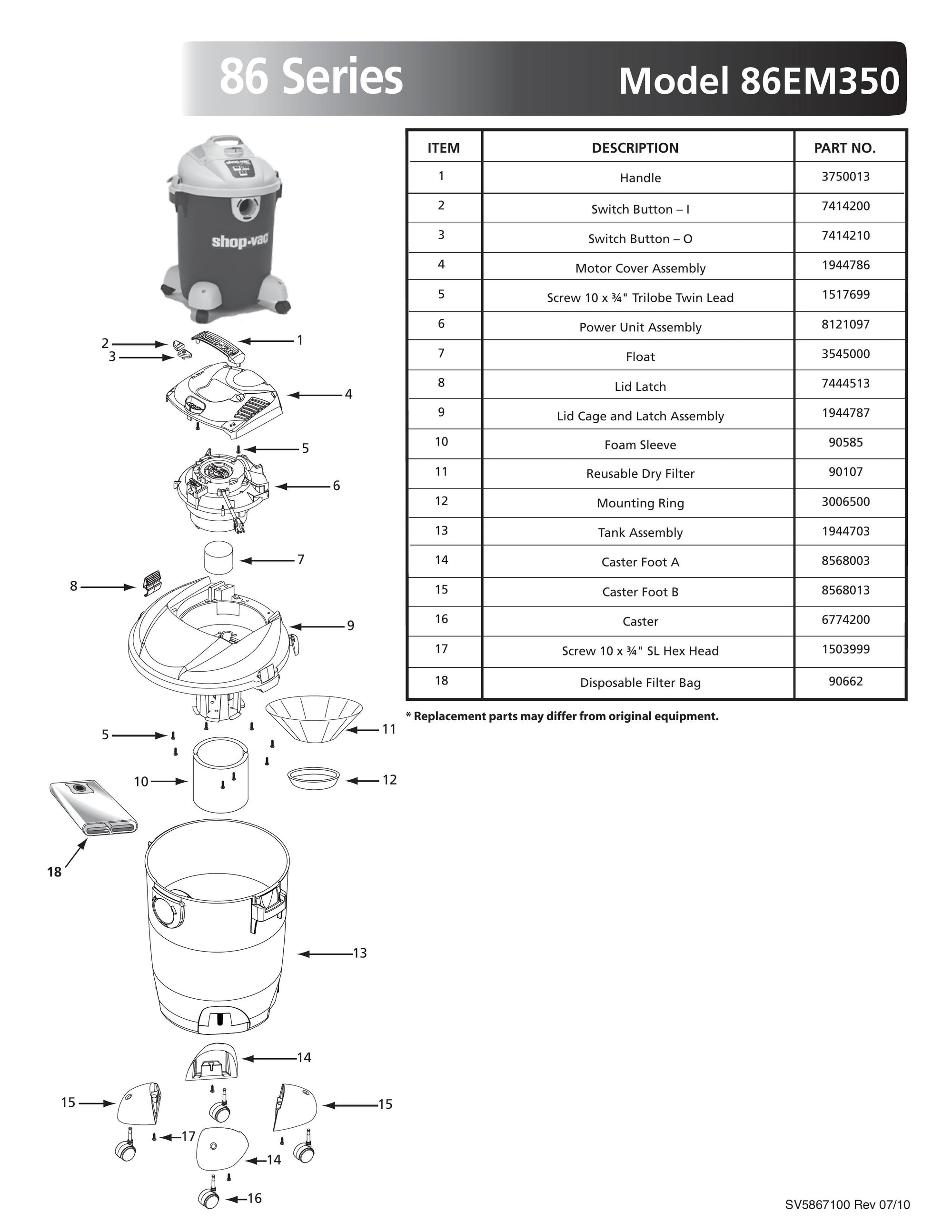 Shop-Vac Parts List for 86EM350 Models (10 Gallon* Green / Gray Vac ...