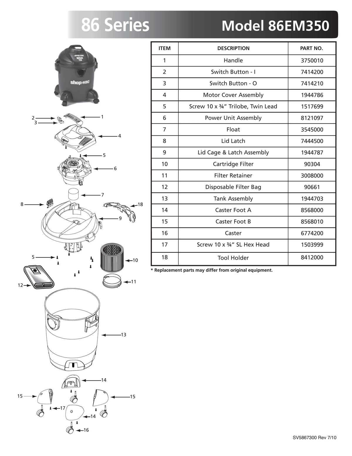 Shop-Vac Parts List for 86EM350 Models (8 Gallon* Black or Black / Gra ...