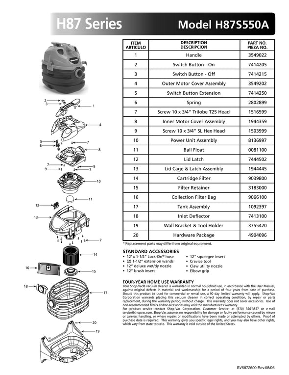 Shop-Vac Parts List for H87S550A Models (5 Gallon* Gray Portable Vac w ...