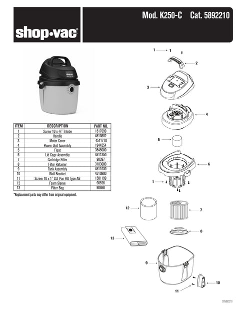 Shop-Vac Parts List for KA450 Models (2.5 Gallon* Purple / Gray