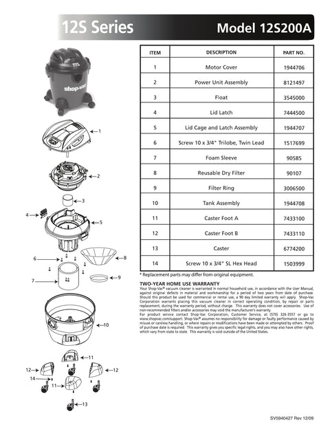 Shop-Vac Parts List for 2010A Models (1X1® Vac)