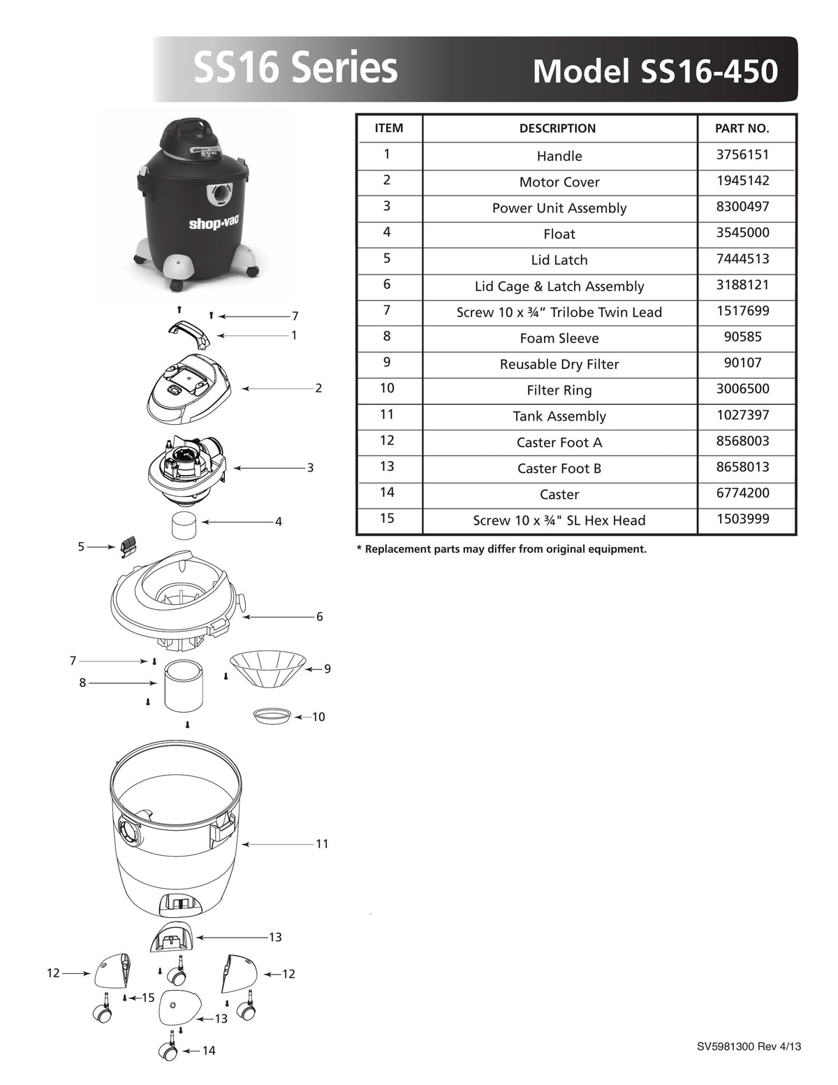 Shop-Vac Parts List for SS16-450 Models (12 Gallon* Black / Gray Vac ...