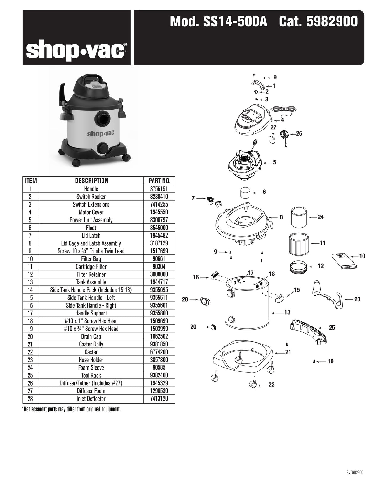 ShopVac Parts List for SS14500A Models 8 Gallon 5.0 Peak H