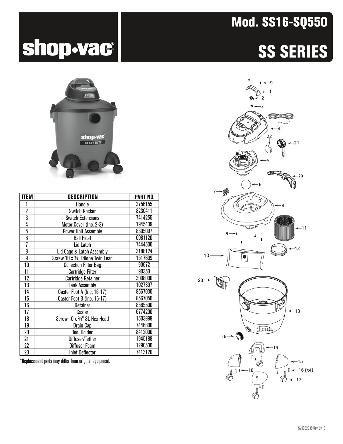 Shop Vac Parts List For Ss16 Sq550 Models 12 Gallon Black Red Vac Shop Vac Store 1341