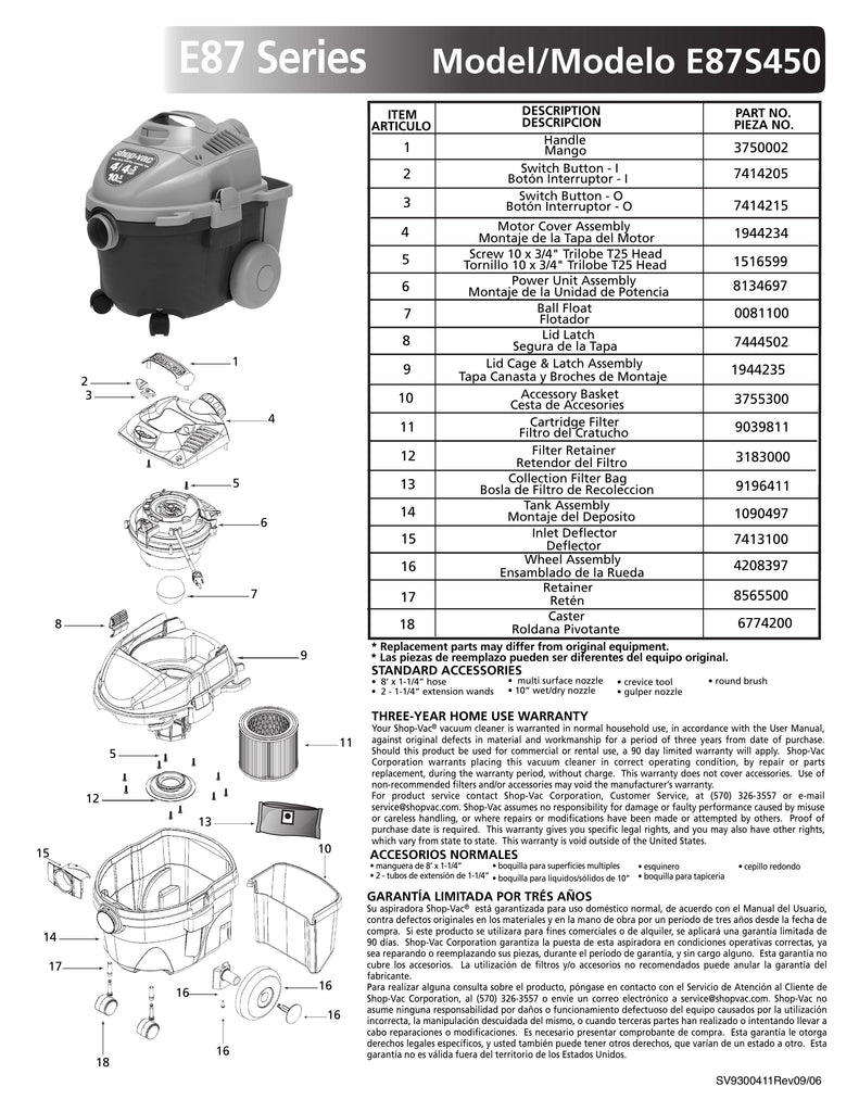 Shop-Vac Parts List for E87S450 Models (4 Gallon* Blue / Black FloorMaster® Vac)