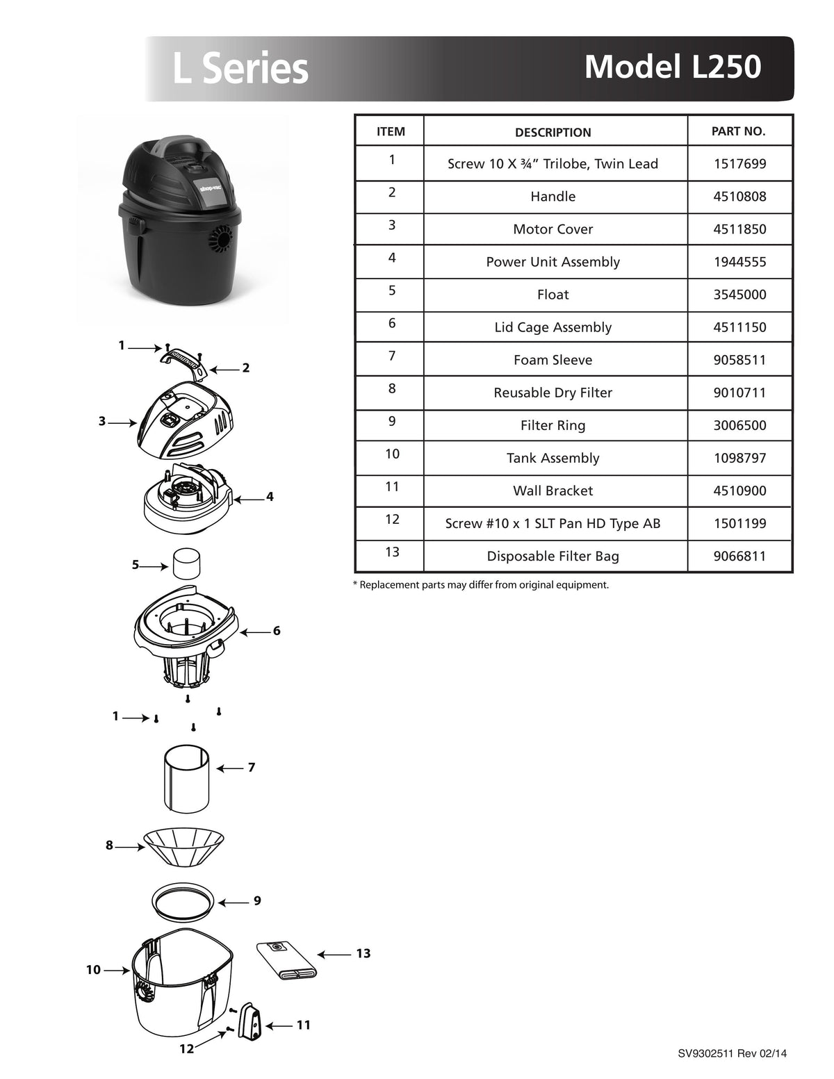 Shop-Vac Parts List for L250 Models (2.5 Gallon* Black / Red Portable ...
