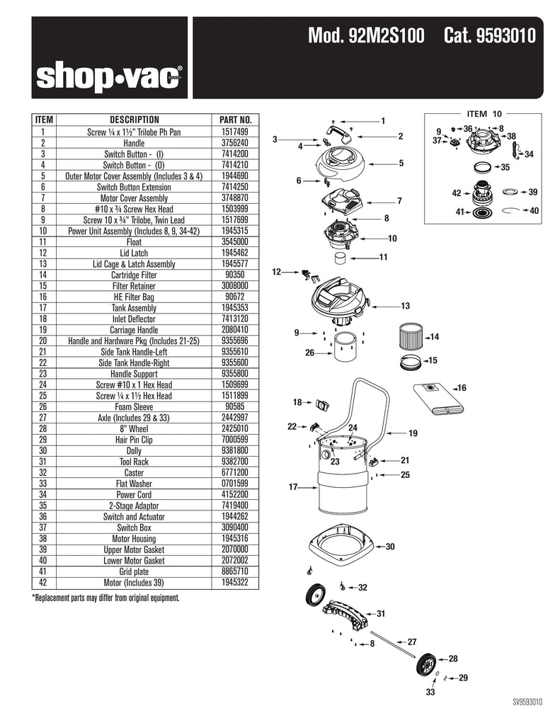 Shop-Vac Parts List for 92M2S100 Models (Shop-Vac 10 Gallon* 2.0 Peak HP** Two Stage Stainless Steel Contractor Wet/Dry Vac)