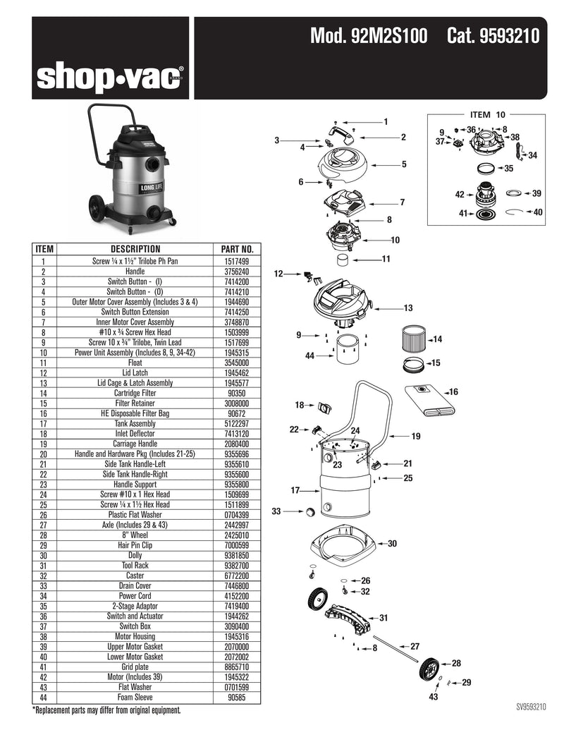 Shop-Vac Parts List for 92P600CM Models (Shop-Vac 16 Gallon* 6.0 Peak