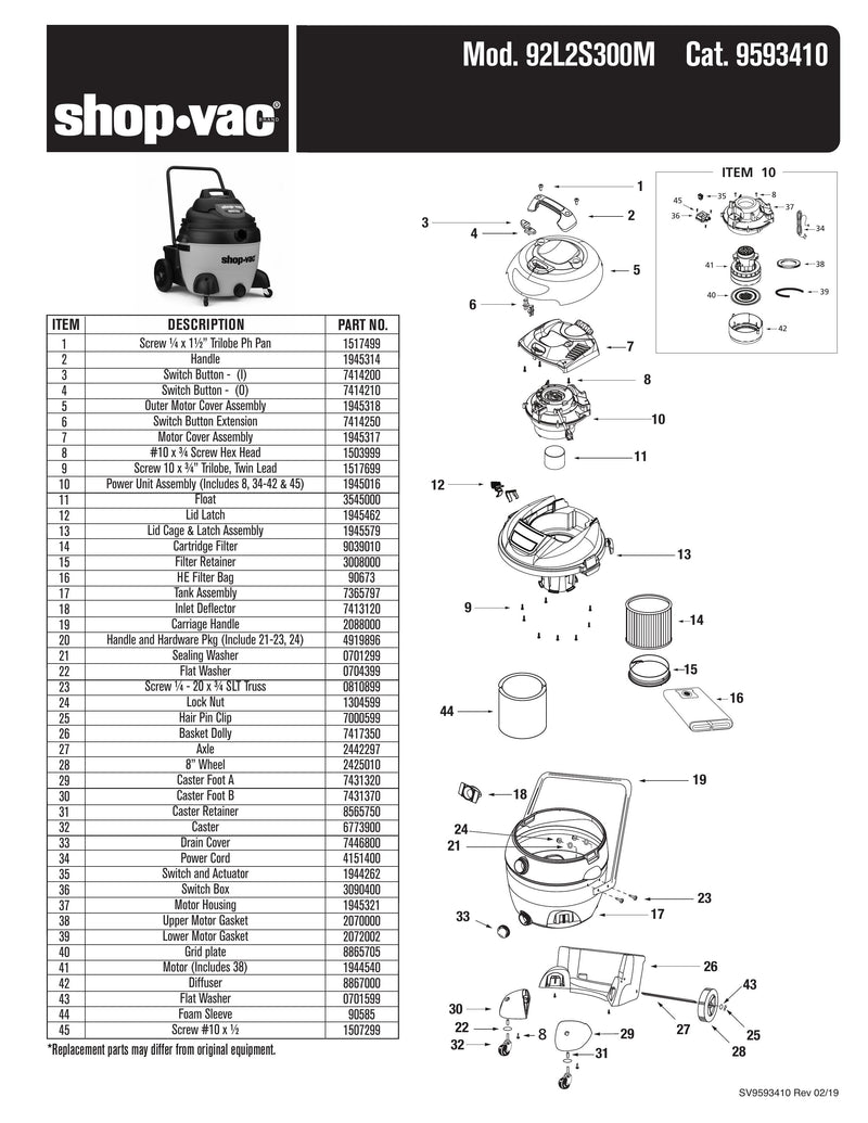 Shop-Vac Parts List for 92P600CM Models (Shop-Vac 16 Gallon* 6.0