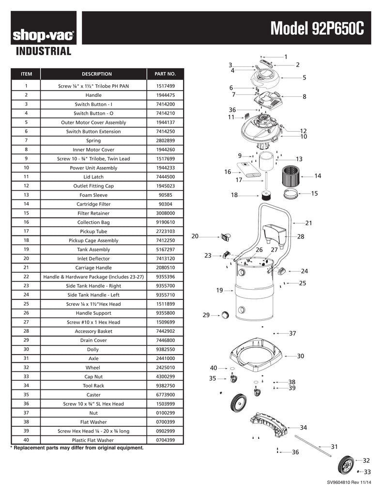 Shop-Vac Parts List for 92P650C Models (14 Gallon* Black / Stainless Steel Industrial Pump Vac)