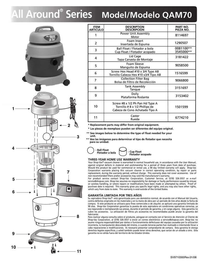 Shop-Vac Parts List for QAM70 Models (2 Gallon* Burgundy / Gray AllAround® Vac w/ Foam Sleeve and Collection Bag)