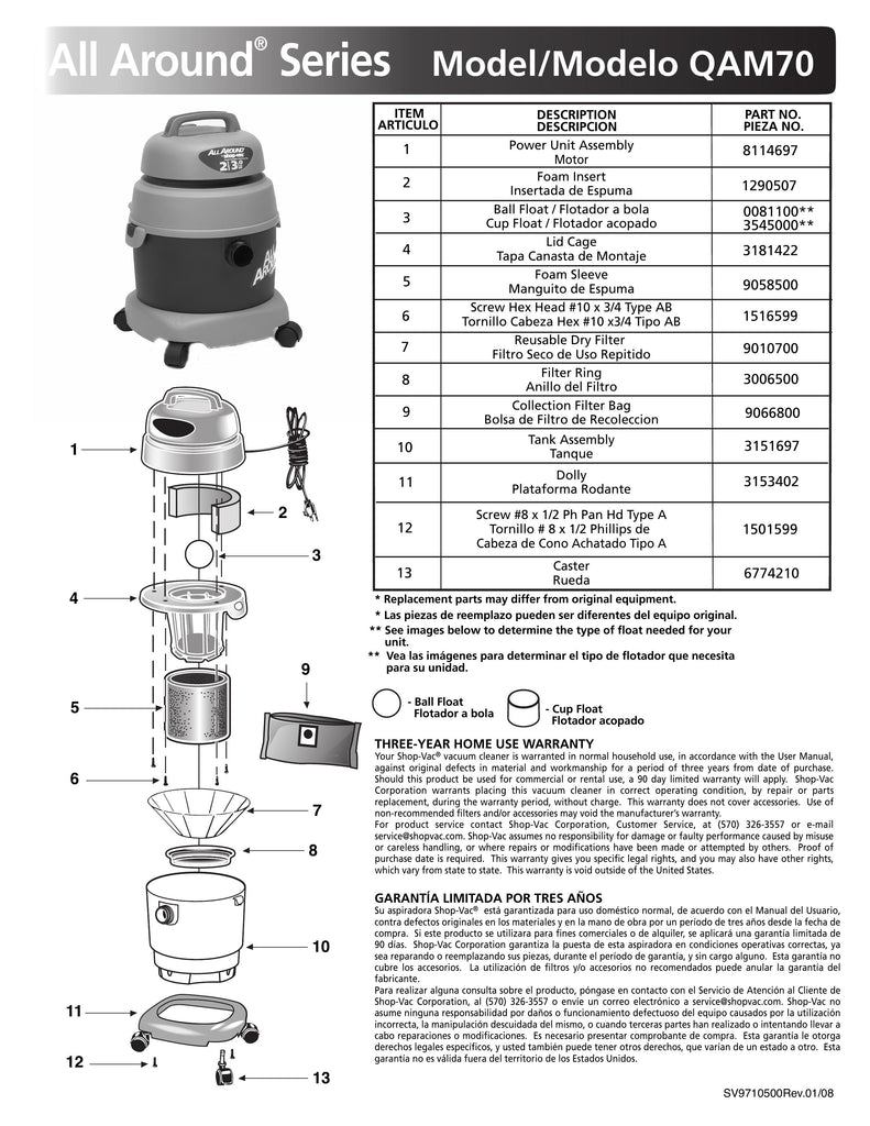 Shop-Vac Parts List for QAM70 Models (2 Gallon* Burgundy / Gray AllAround® Vac w/ Reusable Dry Filter and Collection Bag)