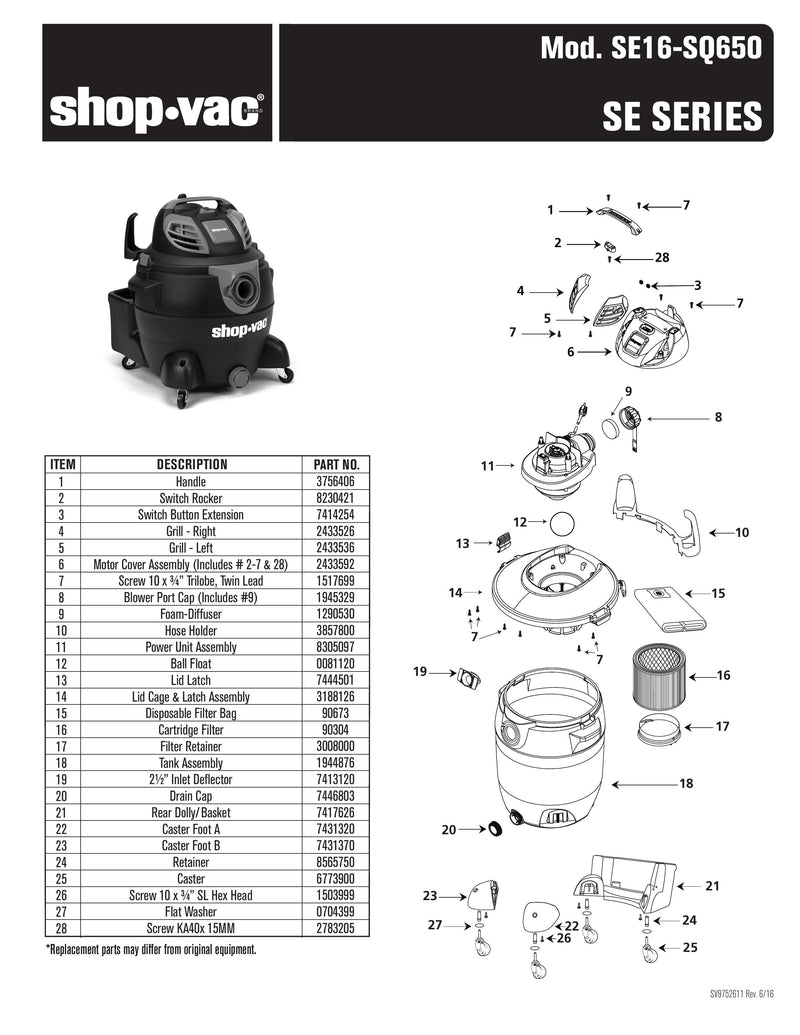 Shop-Vac Parts List for QAS60 Models (1.5 Gallon* Green / Gray