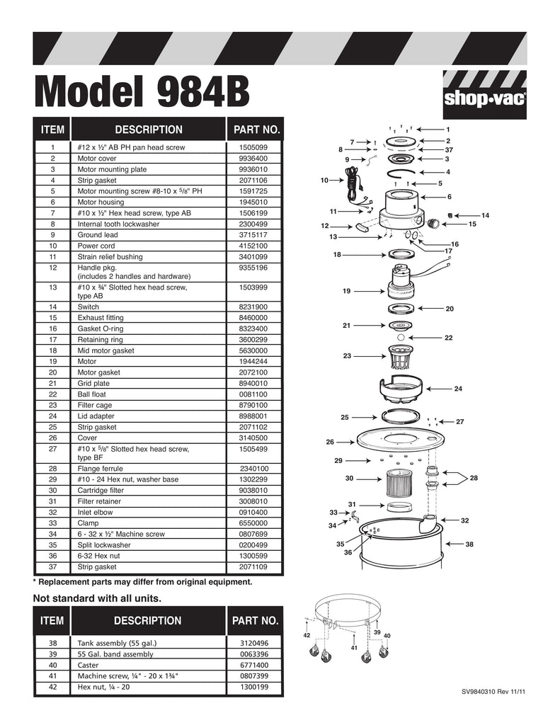 Shop-Vac Parts List for 984B Models (55 Gallon* Yellow / Black Industrial Drum Vac)